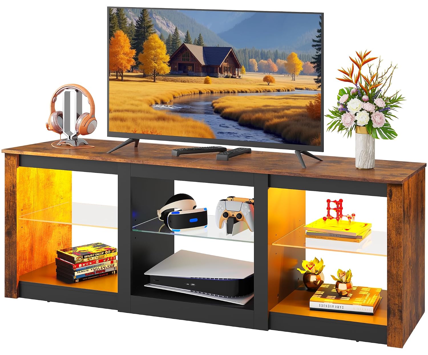 Gaming Console Entertainment Center - حامل تلفزيون LED مع رفوف زجاجية